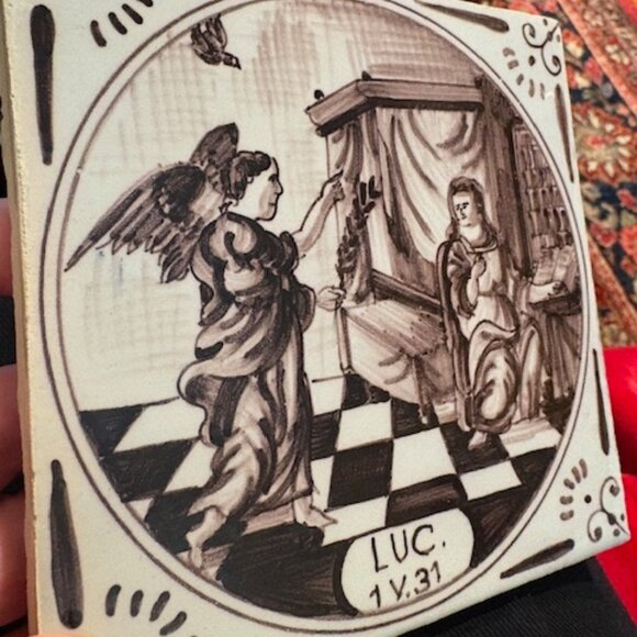 Antique Rare 18th Century Biblical Dutch Delft Manganese Angel Tile Luke 1: 31 - Picture 2 of 5